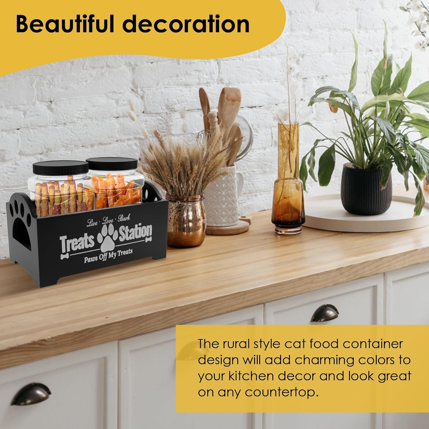 Detalle 2 de NIHUIFDPY Dog Treat Container – Farmhouse Wood Pet Food Storage with 2 Plastic Jars (Black)