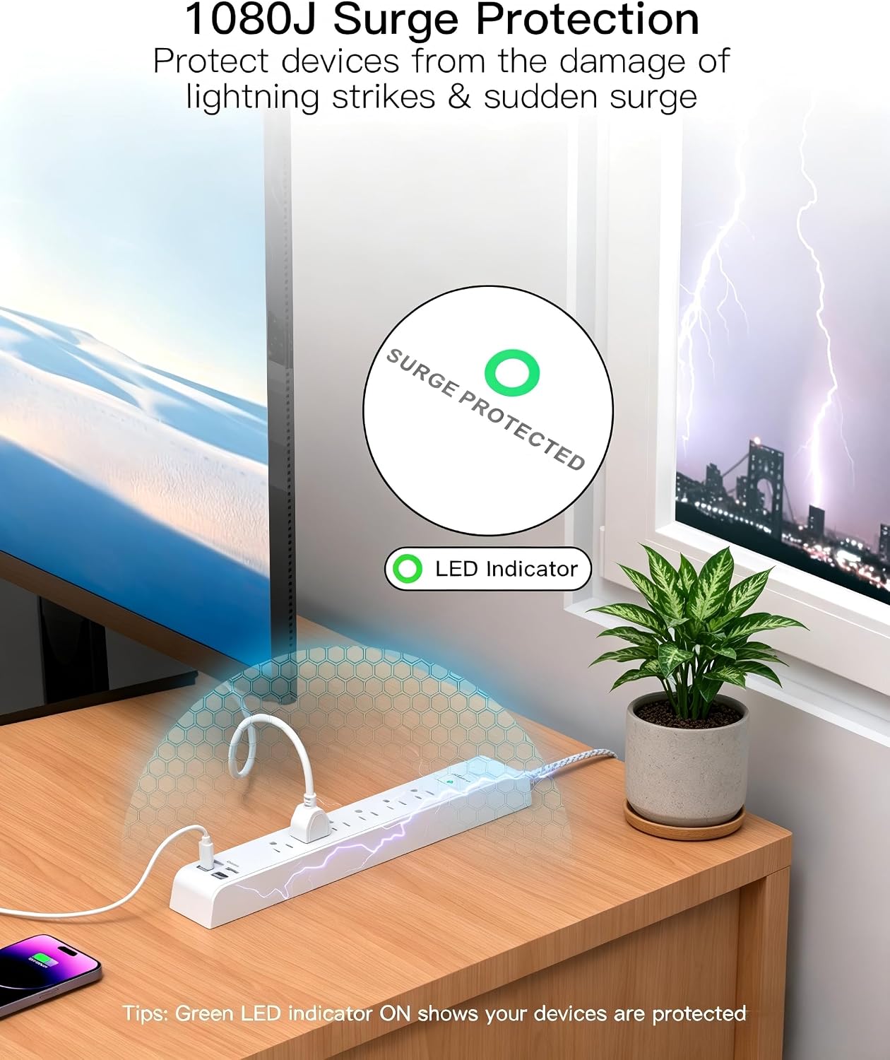 Thumbnail 3 de Flat Plug Surge Protector Power Strip, 15-Foot Cord