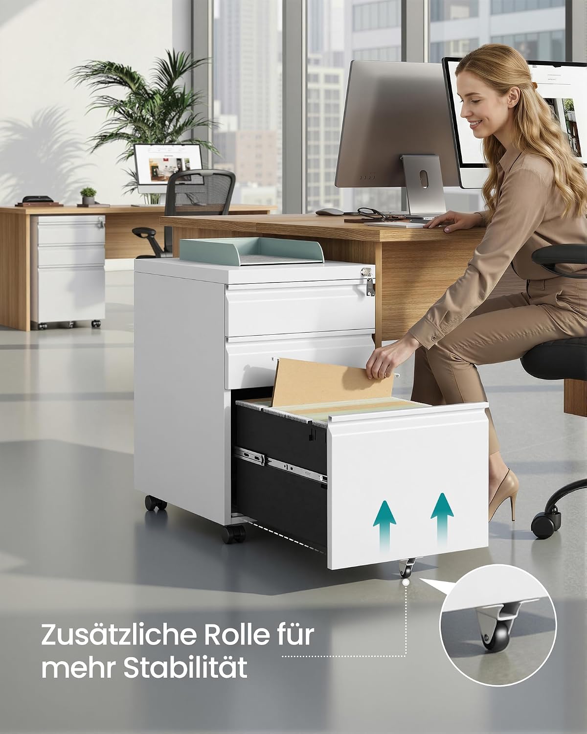 Detalle 2 de SONGMICS OFC033W101 Büroschrank mit 3 Schubladen, Stahlgestell, mattweiß – Rollcontainer mit Druckerhalter