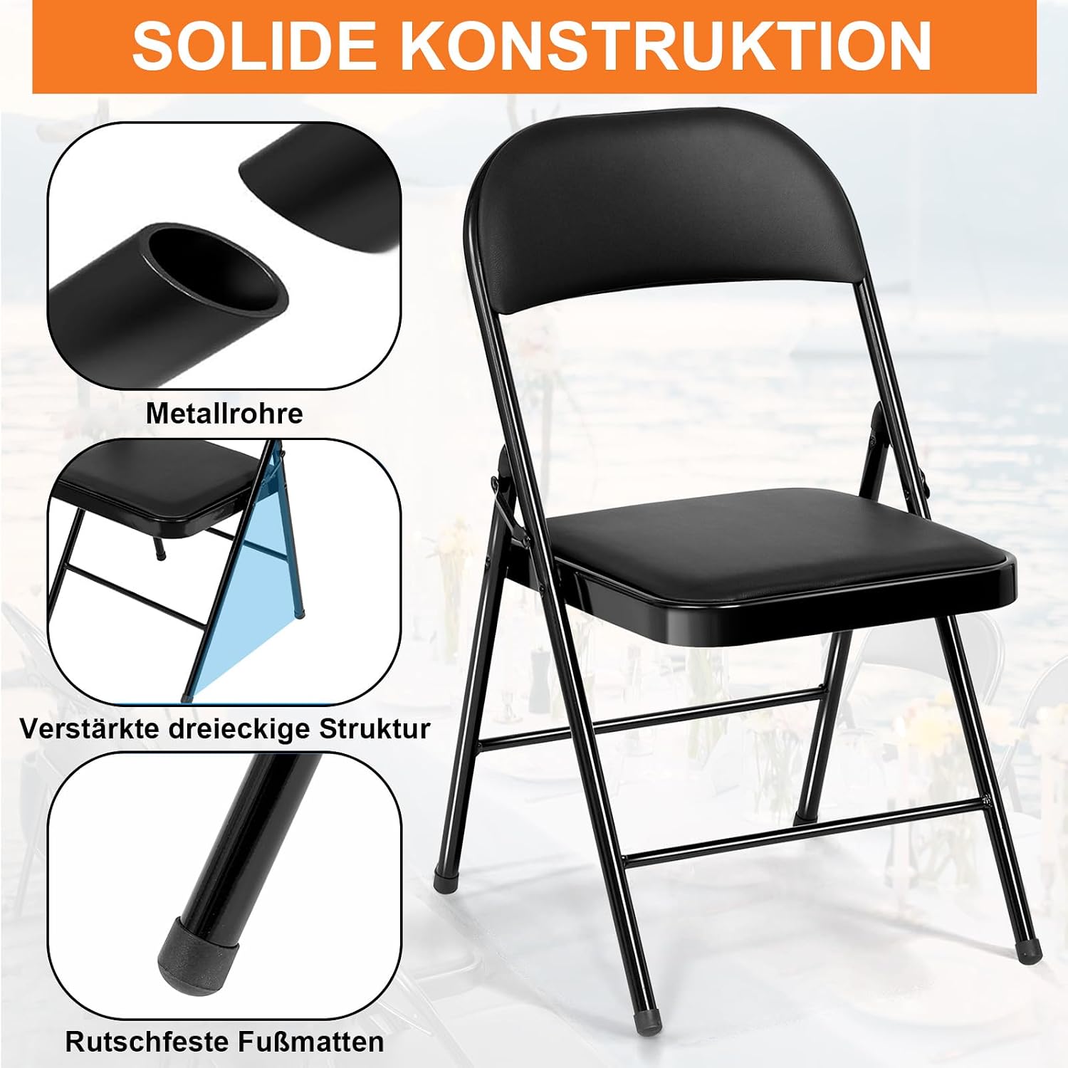 Detalle 2 de BULAGE Klappstuhl 6er Set: Klappbare Gartenstühle, wasserdicht, bis 158 kg, Metallrahmen, Schwarz