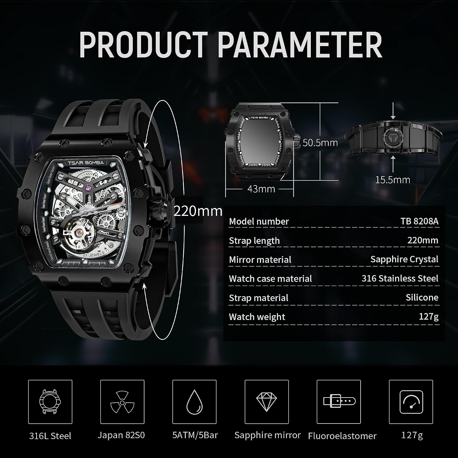 Detalle de TSAR BOMBA montre squelette automatique tonneau étanche 50 m — bracelet 22 mm