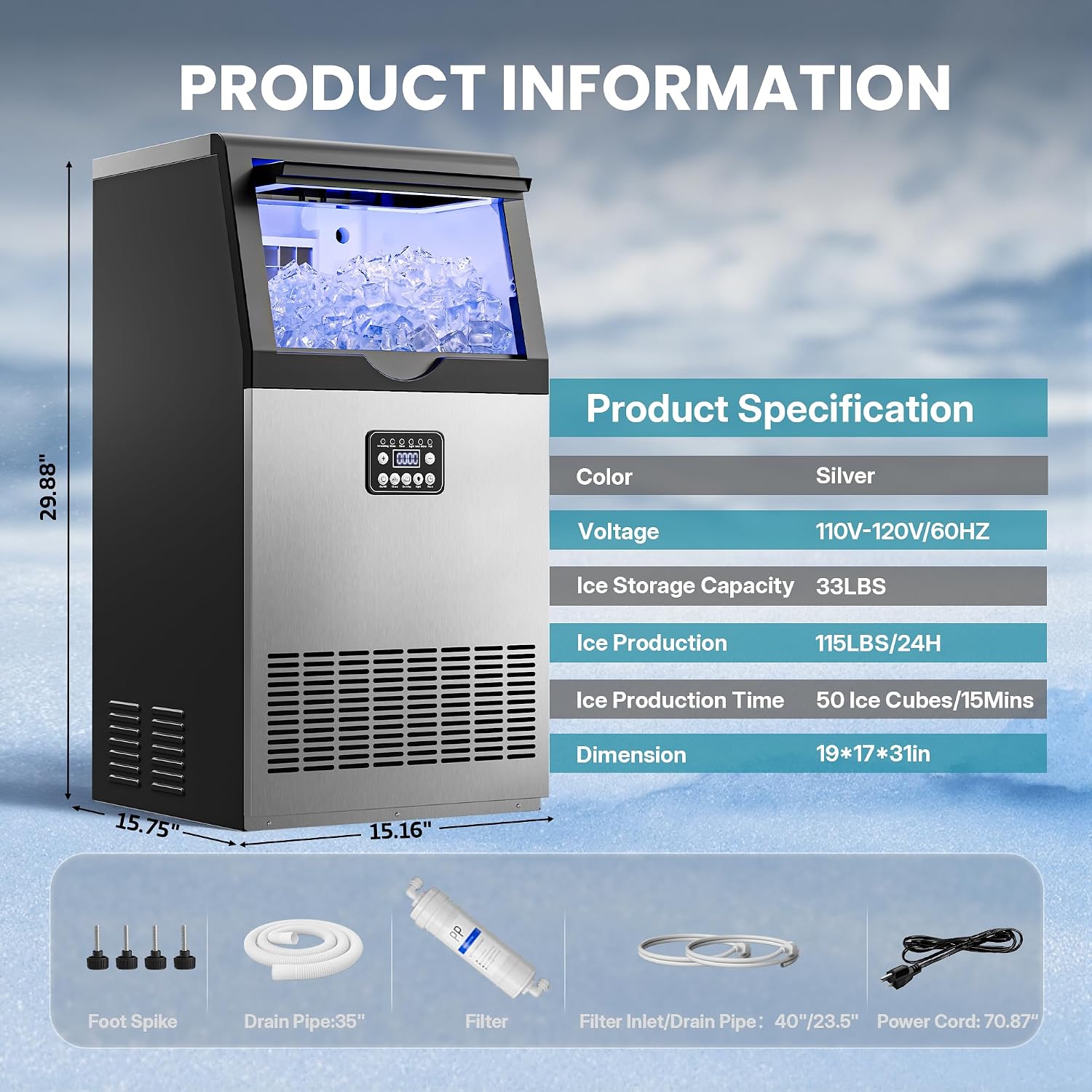 Detalle 2 de Manastin CIM100-01 Commercial Ice Maker, 100 lb/24h, Under-Counter, Self-Cleaning