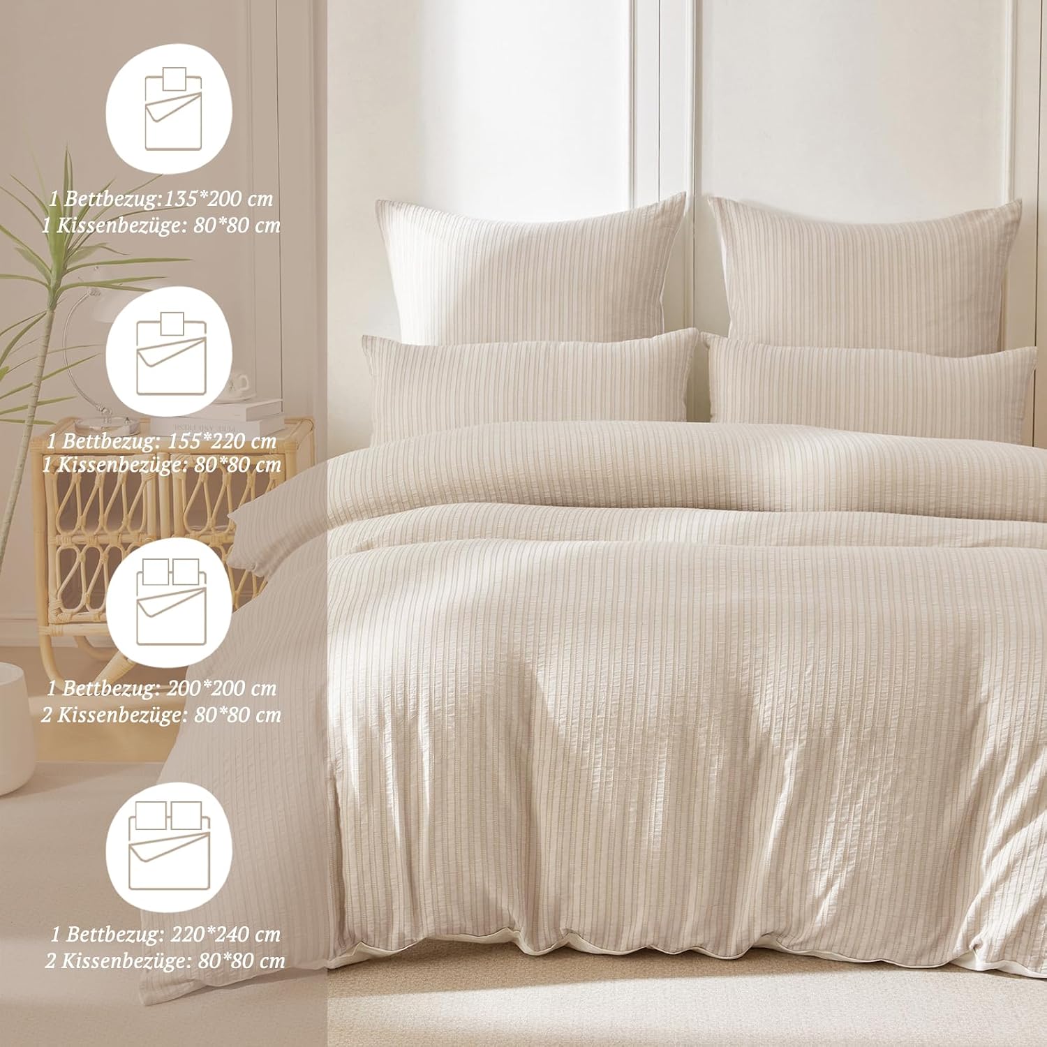 Detalle de SOULFUL Bettwäsche-Set 135x200 aus Baumwolle (gestreift, Jacquard) – beige mit OEKO-TEX 100