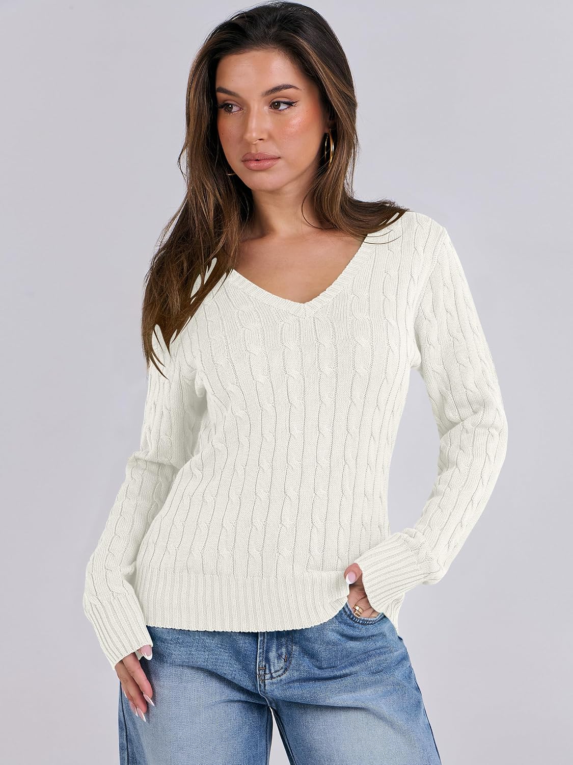 Thumbnail 1 de ANRABESS Long Sleeve Cable Knit Sweater V‑Neck
