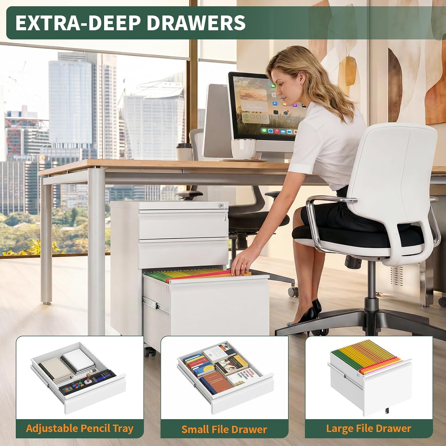 Detalle de TEEALUBAN yr032 3-Drawer White Rolling File Cabinet with Lock