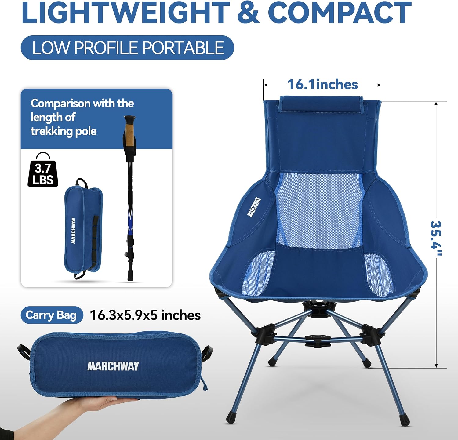 Detalle de MARCHWAY Lightweight Folding High Back Camp Chair with Head Support (Highback Dark Blue)