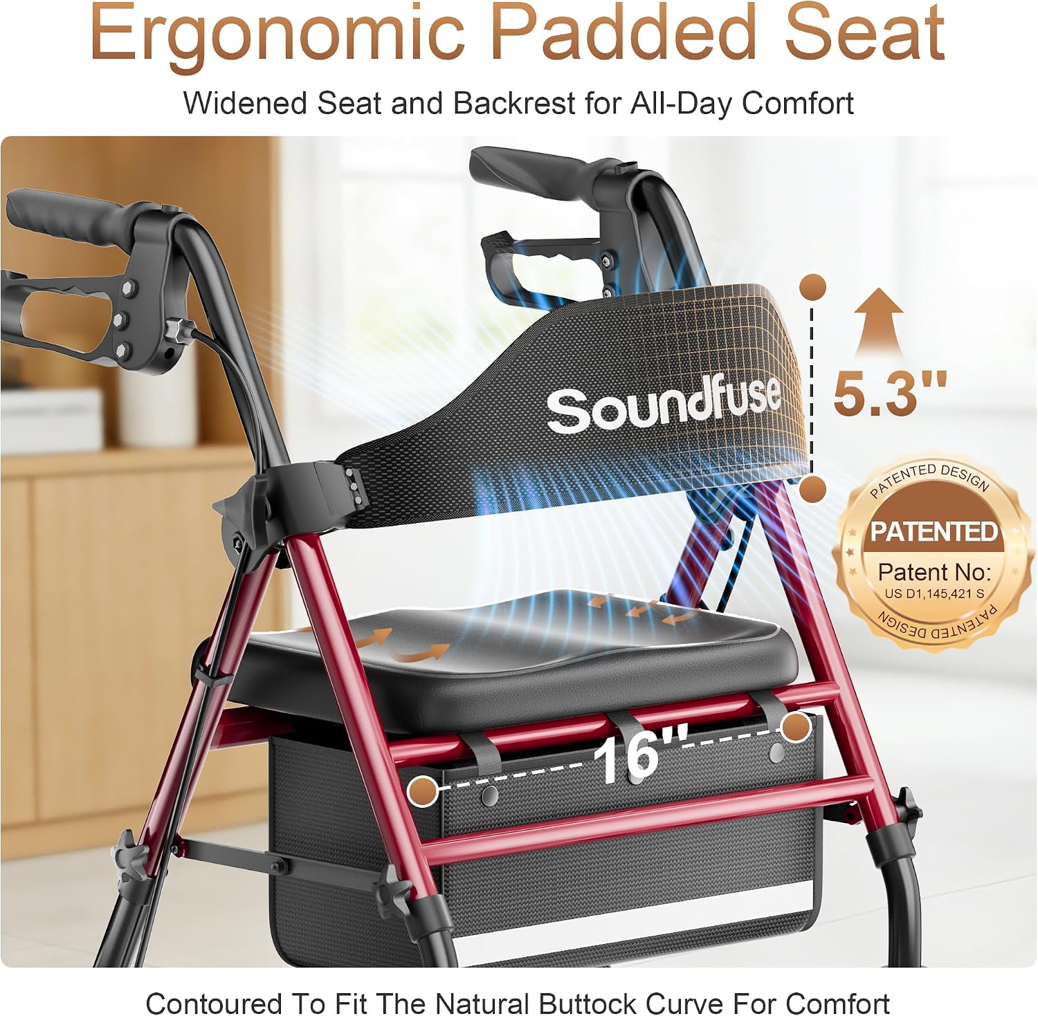 Detalle de soundfuse Foldable Rollator Walker with 16-Inch Arc Seat and 8-Inch Wheels