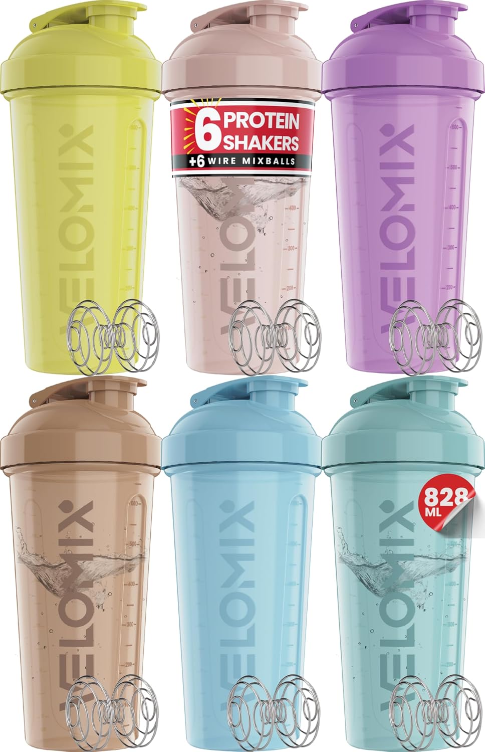 Thumbnail 6 de VELOMIX 6-Pack 828ml Protein Shaker Bottles with Wire Mixball (BPA-Free, Leak Proof)