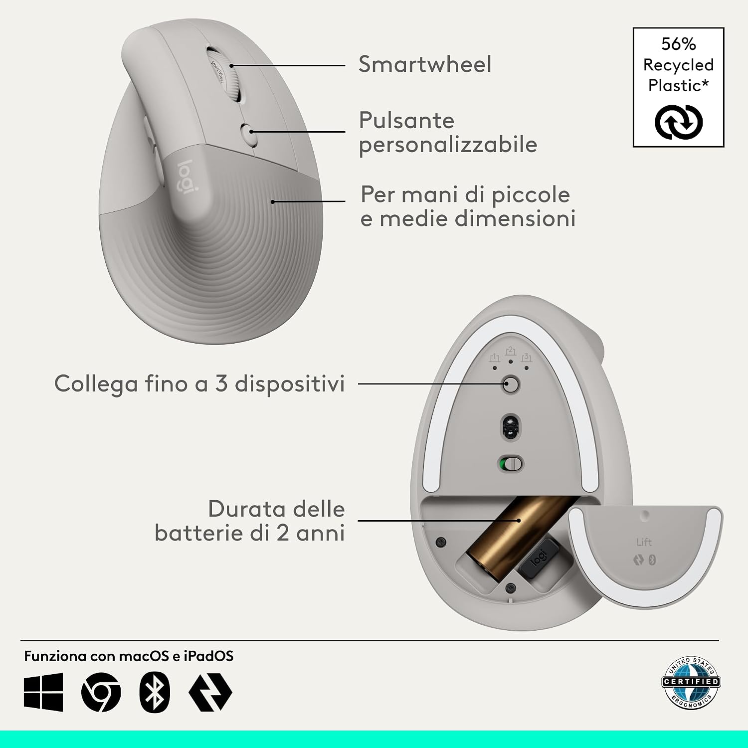 Detalle de Logitech Lift Vertical Sand (destra) – Mouse ergonomico wireless 910-007771