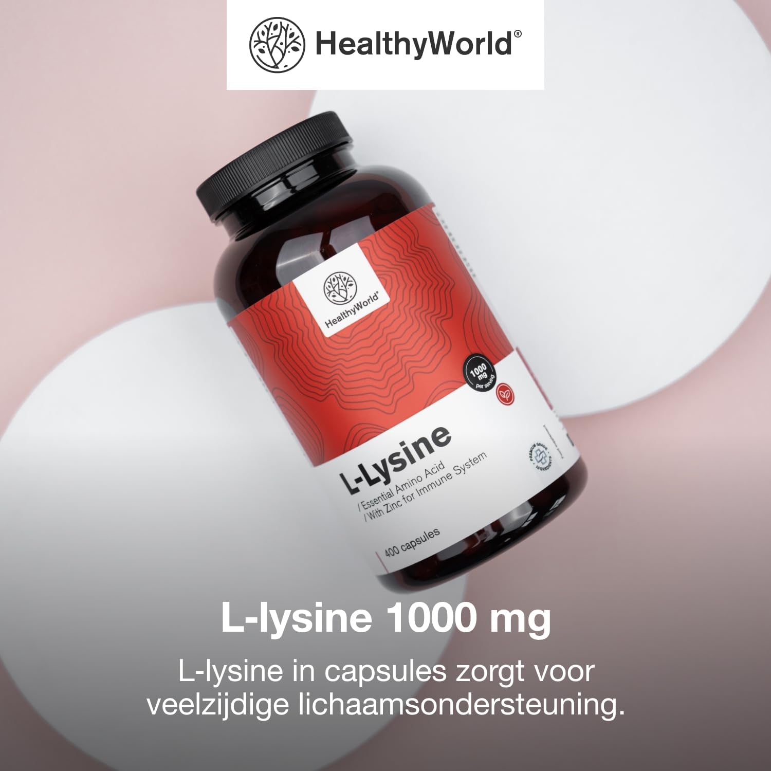 Thumbnail 4 de HealthyWorld L-Lysine Hydrochloride 1000 mg met zink, 400 capsules