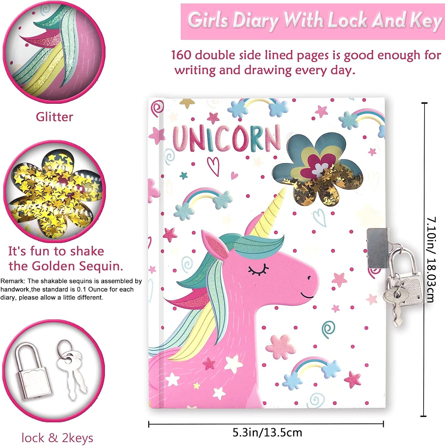 Detalle 2 de GINMLYDA Unicorn Diary with Lock, Sequin Hardcover, 160 Lined Pages