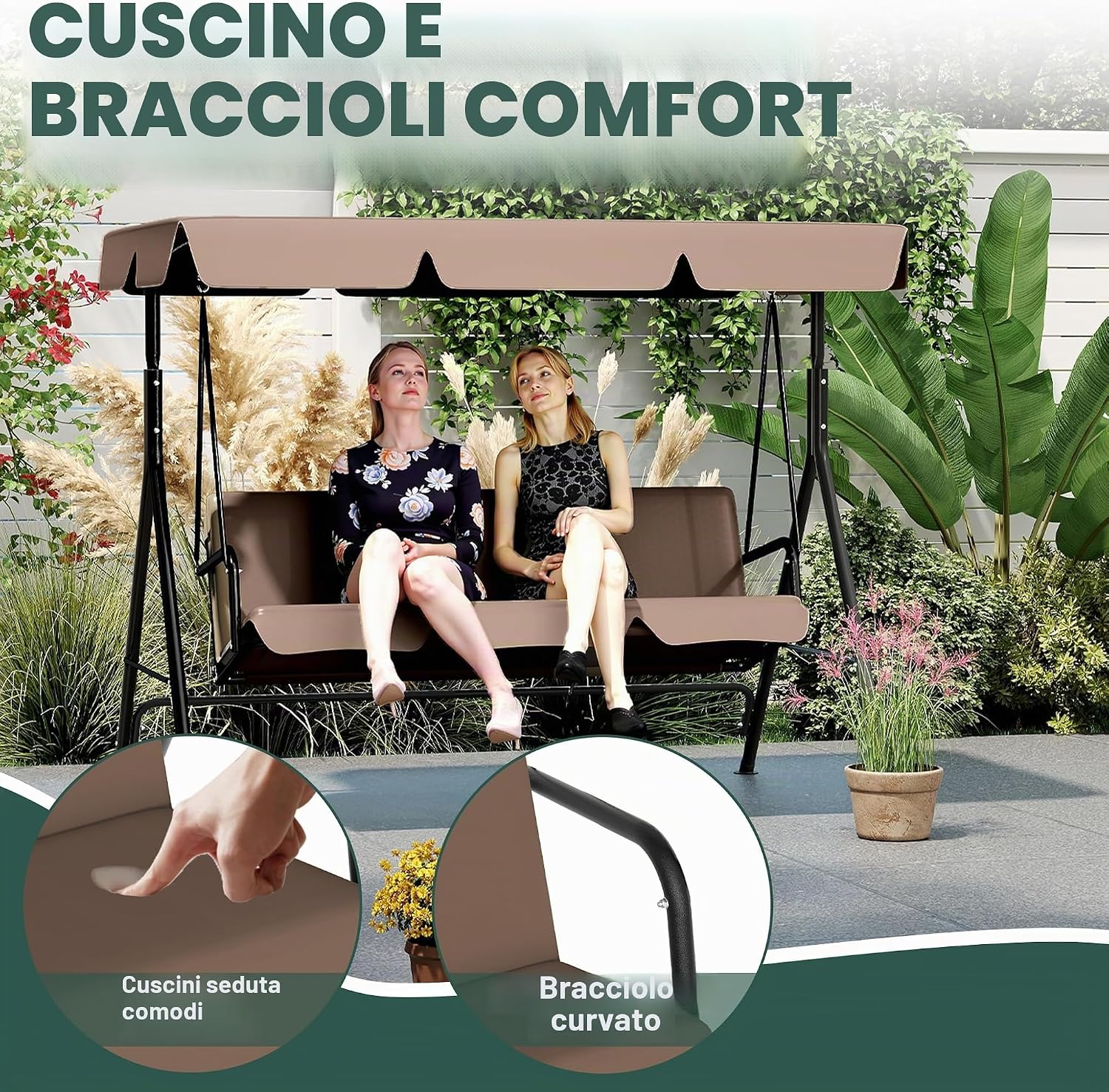 Thumbnail 6 de UISEBRT Dondolo da giardino a 3 posti con tettuccio regolabile – marrone scuro, 176 × 110 × 152 cm