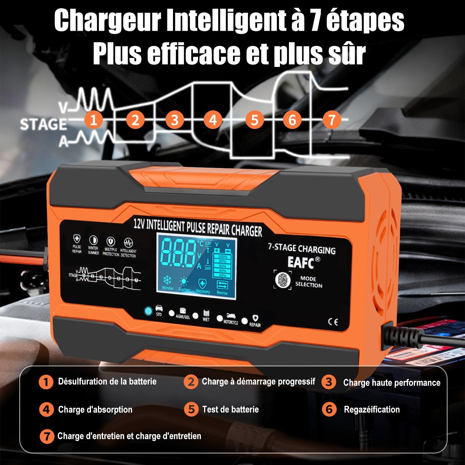 Detalle de EAFC Chargeur de Batterie Voiture 12A 12V Intelligent avec écran LCD – Maintien et Réparation par impulsions