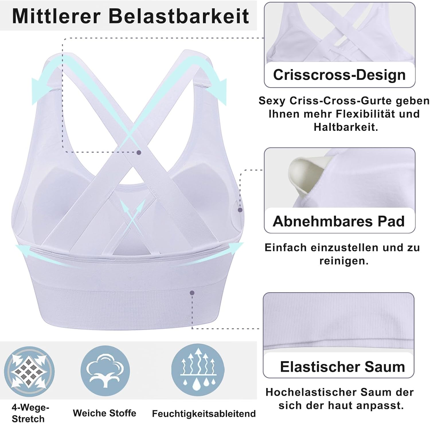 Thumbnail 3 de Heersan Sport BH Damen – Push-Up Crossback ohne Bügel, mit herausnehmbarer Polsterung