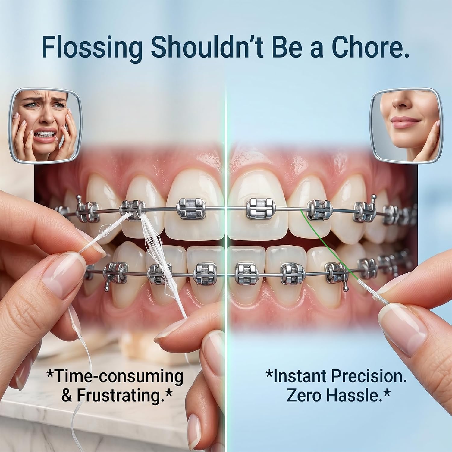 Detalle de RAZOKO 3-in-1 Floss for Braces, 120 Pre-Cut Strands (Pack of 2) – Spongy & Regular Floss for Bridges & Wide Gaps