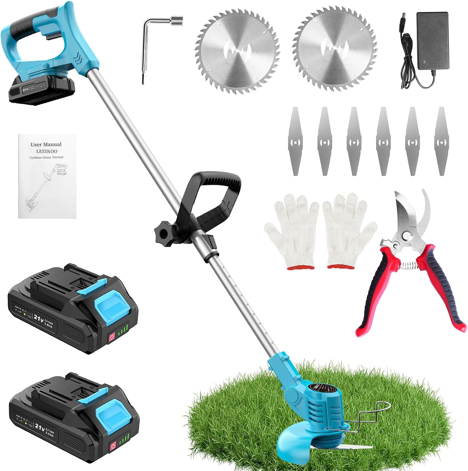 Decespugliatore a Batteria 21V con 2x 2,0Ah – Tagliabordi e Potatura, lame metalliche e accessori completi (Blu)