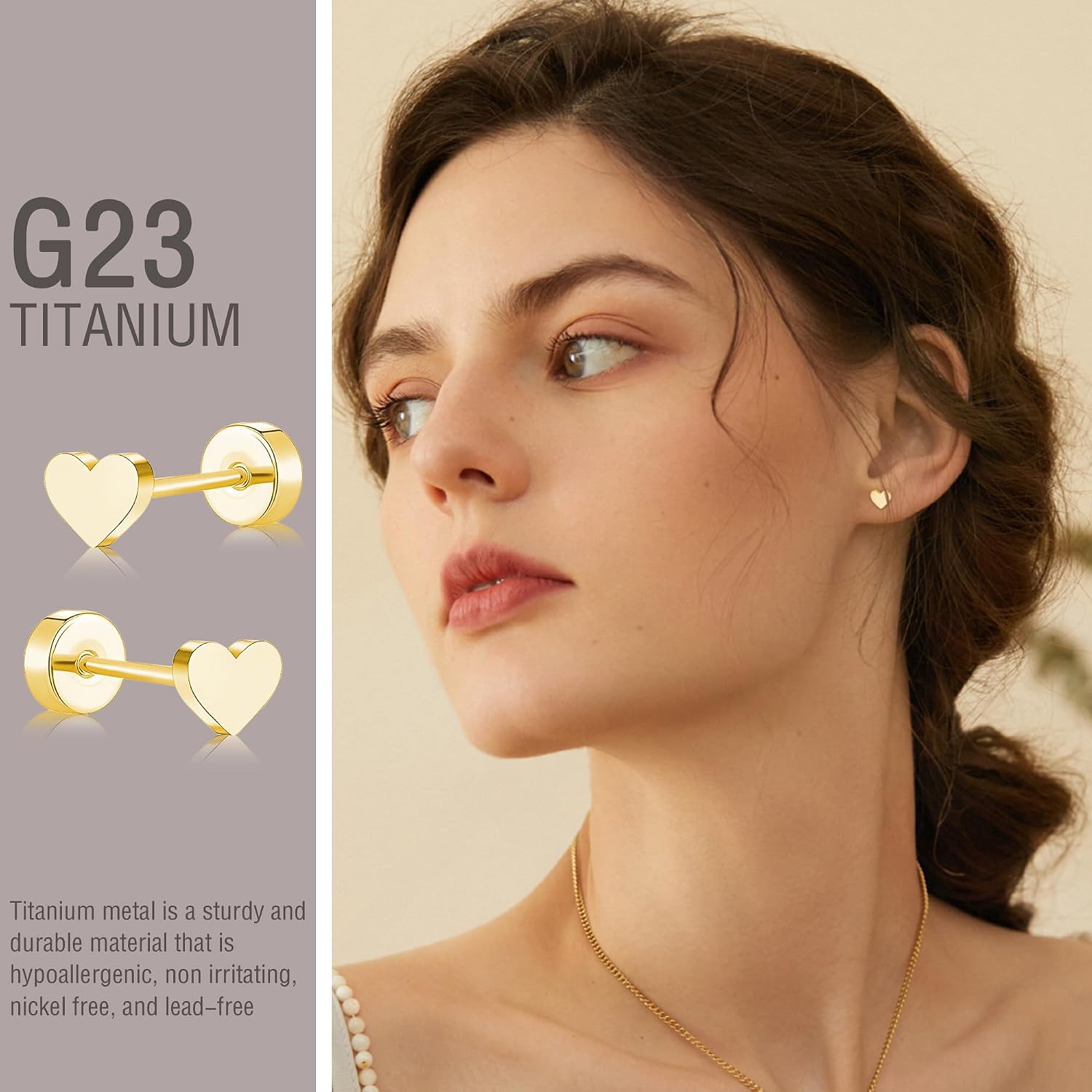 Detalle de ZDE Titan Damen Flat Back Herz-Ohrstecker aus G23-Titan – nickelfrei, hypoallergen, 5 mm