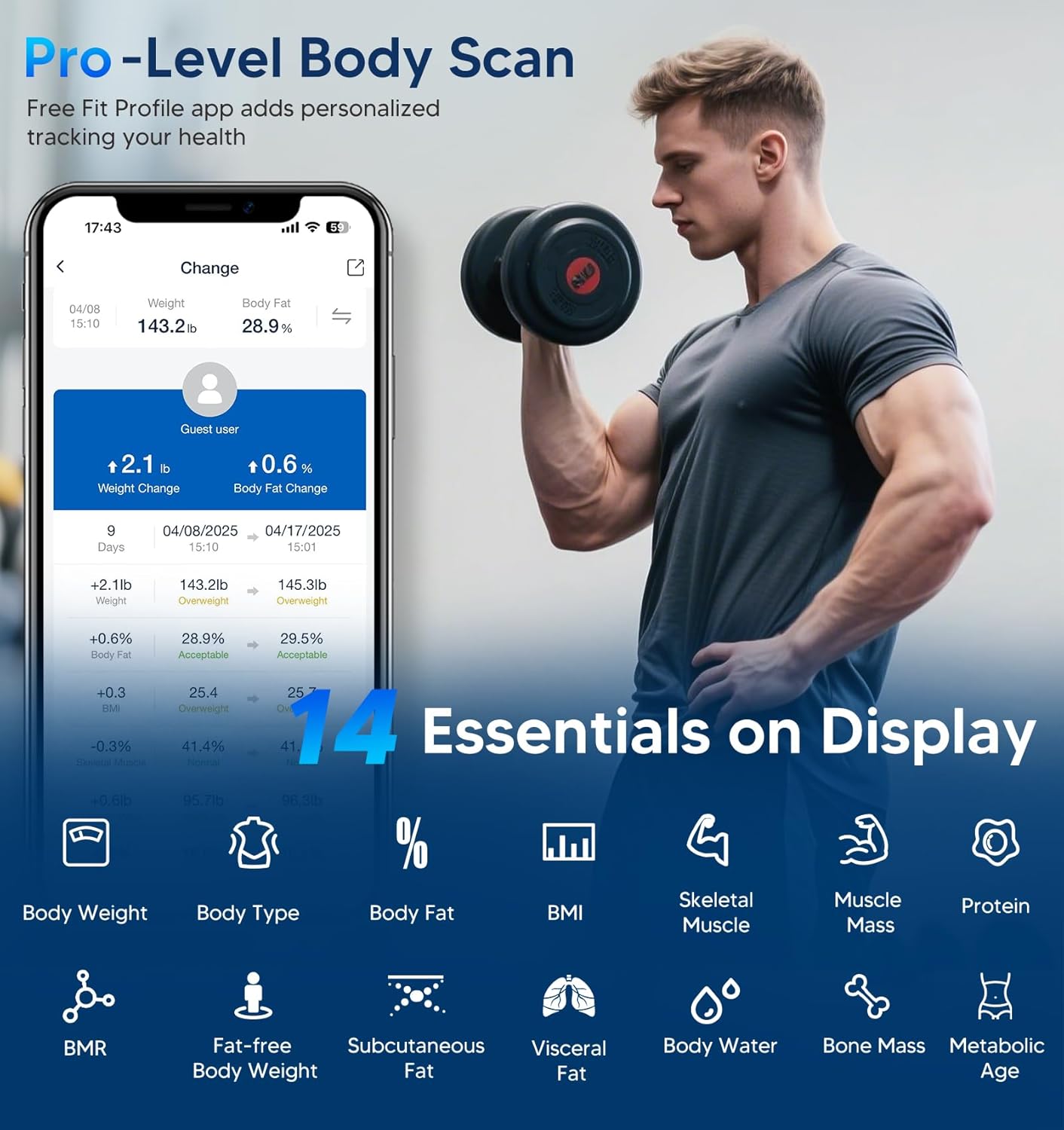 Detalle de GE Smart Bathroom Scale with Bluetooth and 14 Body Composition Metrics (400 lb capacity) – Black