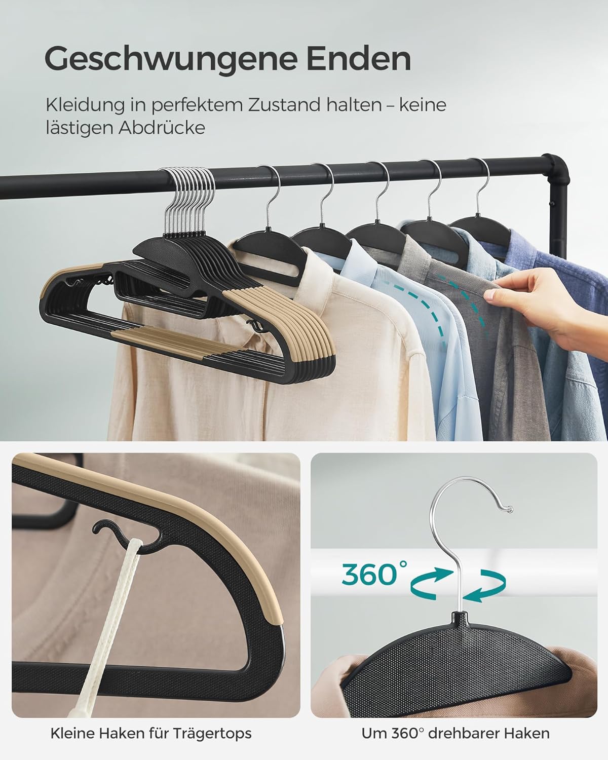 Thumbnail 6 de SONGMICS Kleiderbügel aus Kunststoff (20er-Set) mit U-förmiger Öffnung, 360° drehbarer Haken, 0,5 cm dünn – schwarz-braun CRP041B02