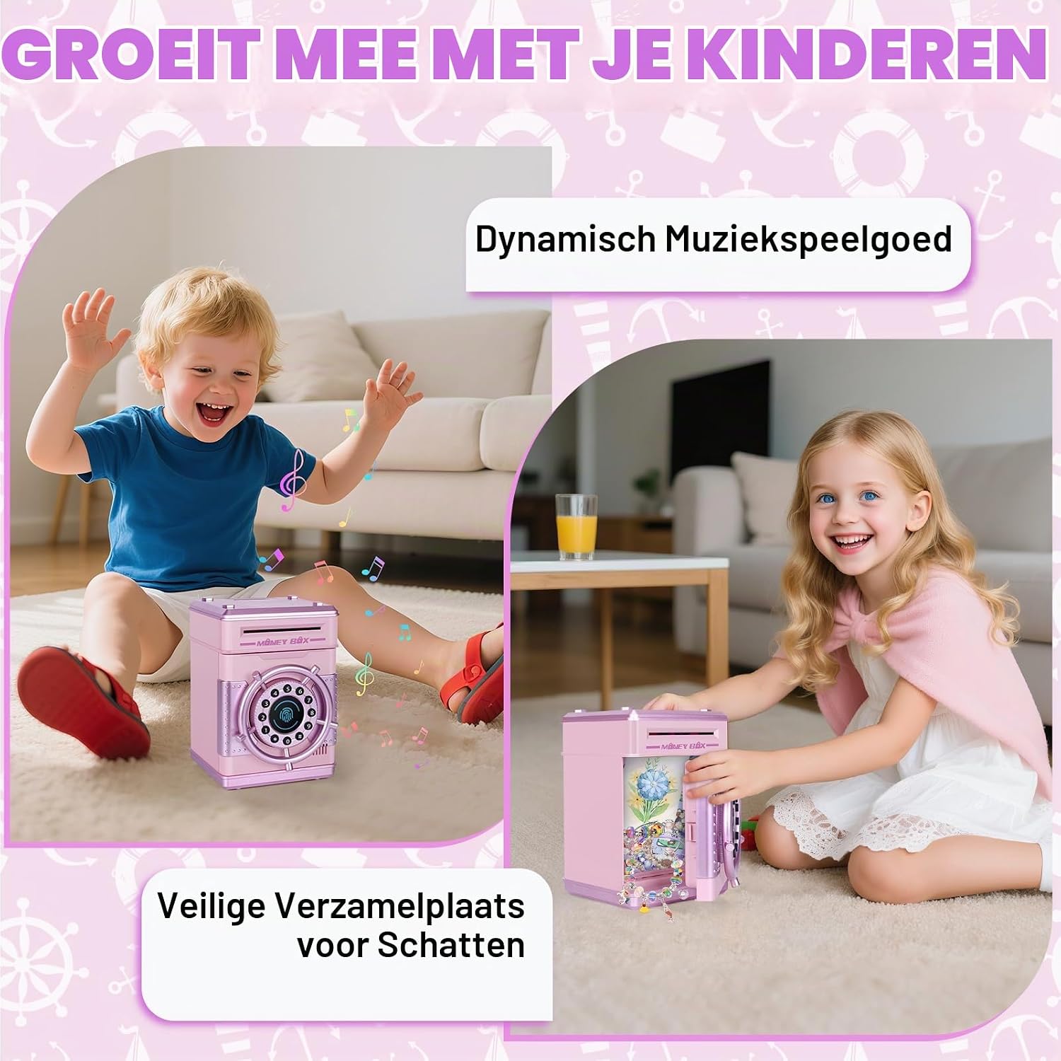 Detalle de Yellcetoy YE941 elektrische spaarpot in roze met code, muziek en muntsleuf