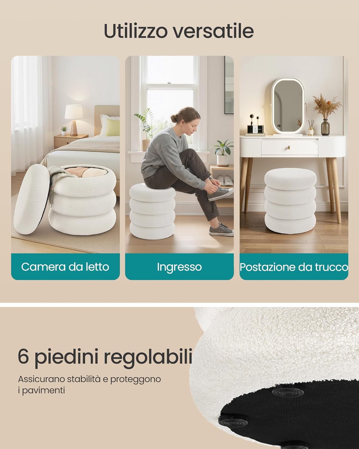 Thumbnail 6 de SONGMICS Sgabello Trucco LOM015WD01: pouf contenitore rotondo imbottito con coperchio rimovibile
