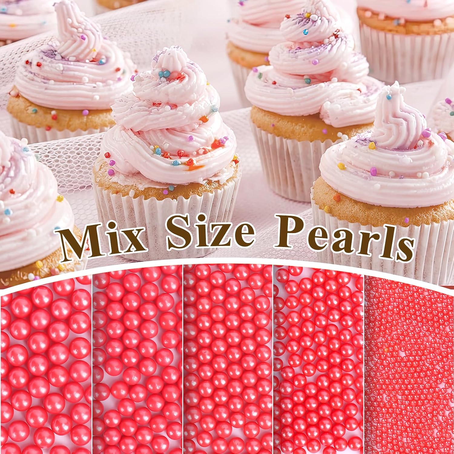 Detalle 1 de Twisweet Red Sugar Pearls, 130 g Edible Cake Sprinkles in Mixed Sizes