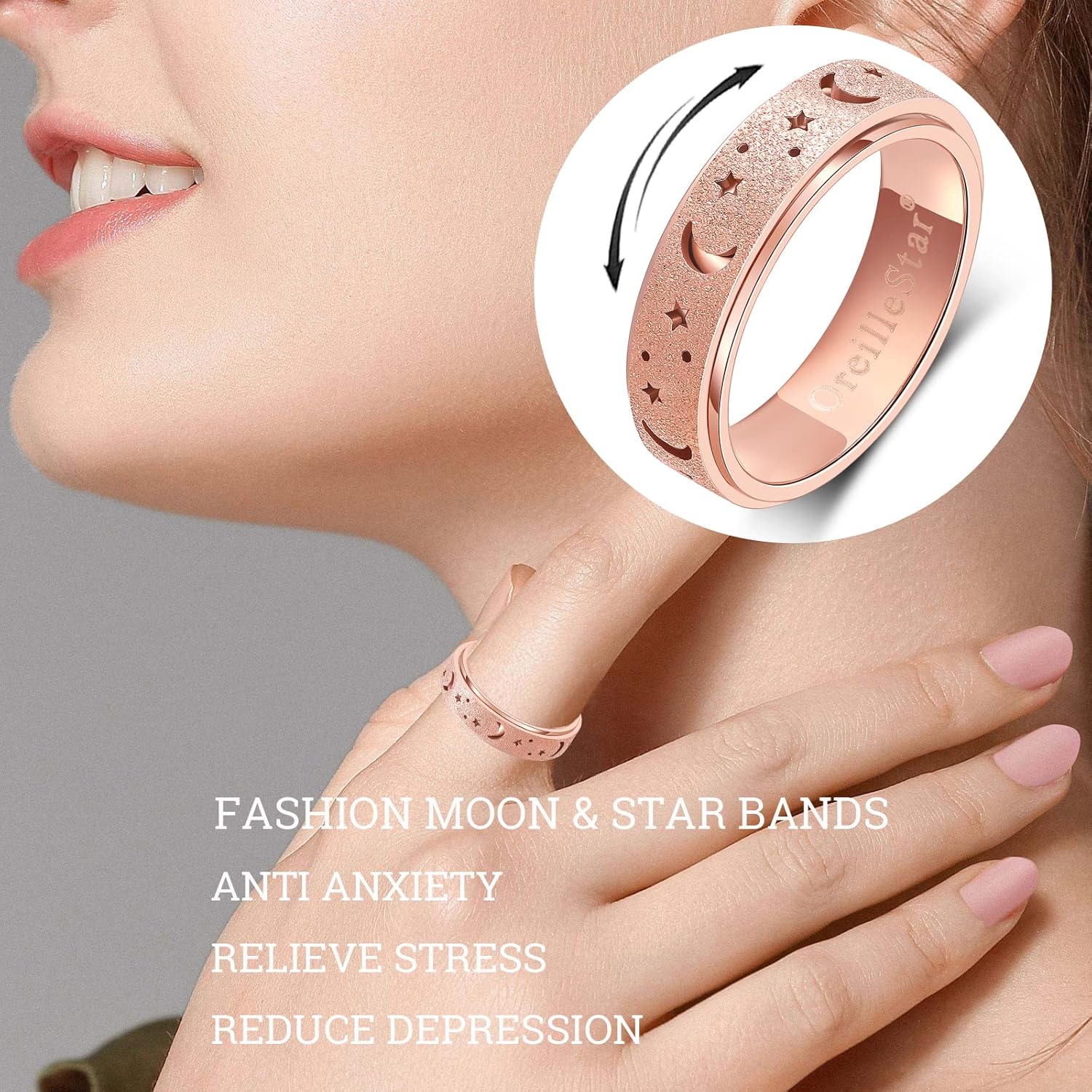 Detalle de Anxiety Ring for Women Spinner Ring – Stainless Steel Fidget Ring for Anxiety Relief (Rose Gold, Size 8)