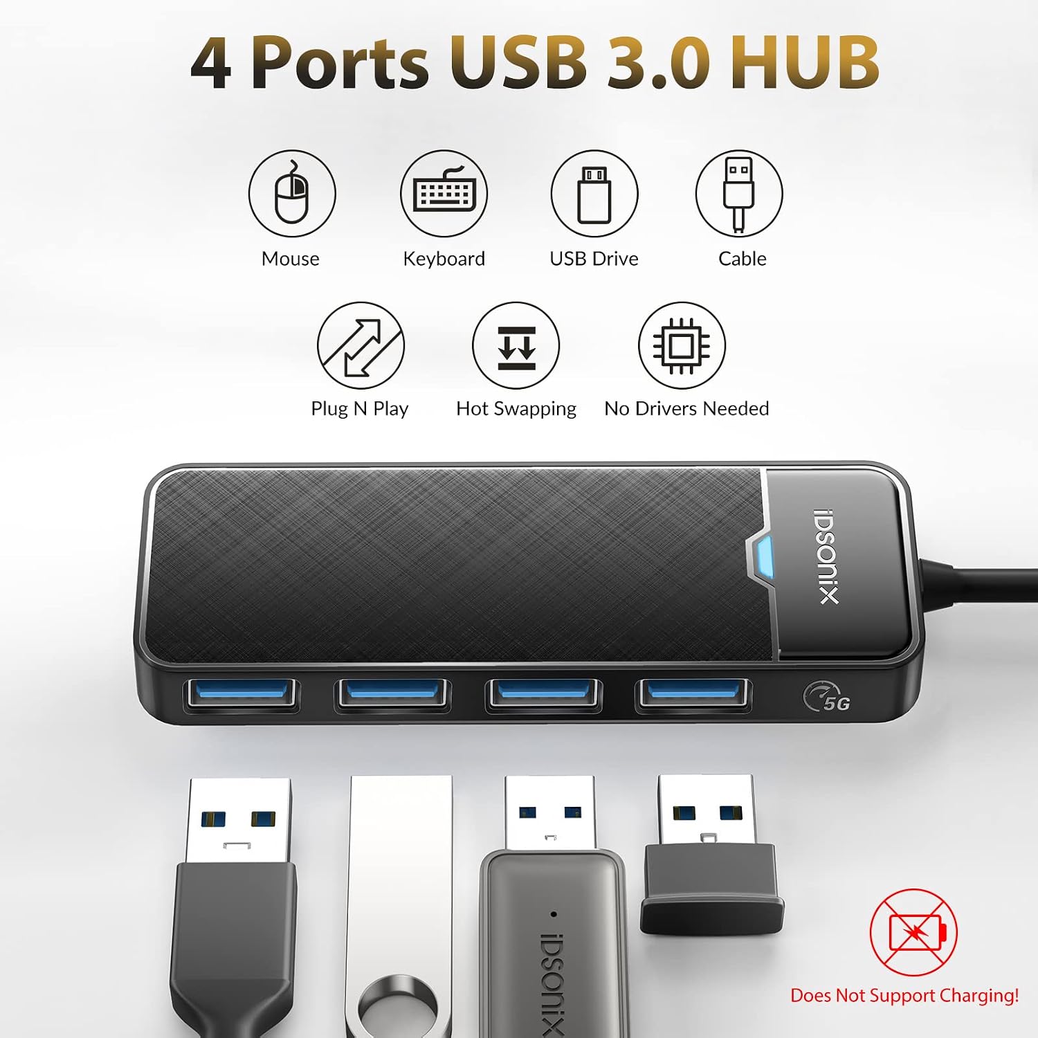 Detalle de iDsonix USB 3.0 Hub with 180cm Cable — 4-Port Ultra Slim Extension for Laptop, PC and Mac