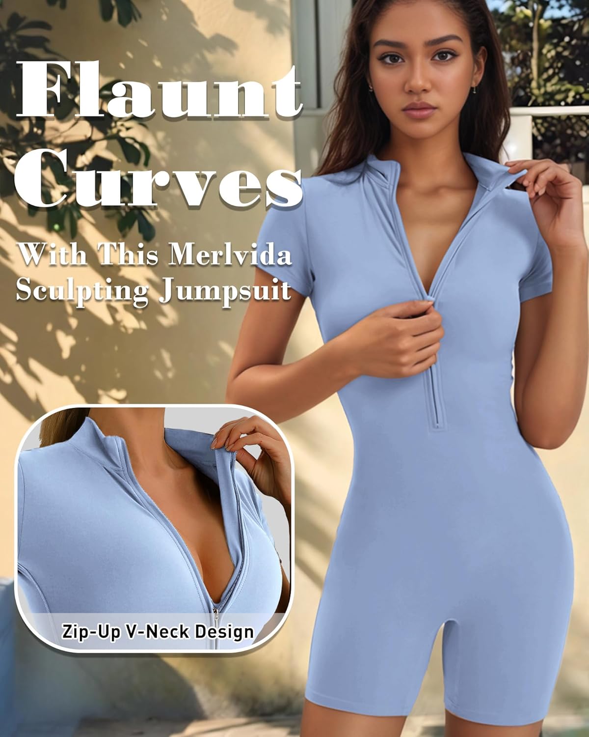 Thumbnail 1 de Merlvida Damen Sport-Jumpsuit kurz eng für Yoga, Fitness & Workout – nahtloser Ganzkörperanzug mit Reißverschluss