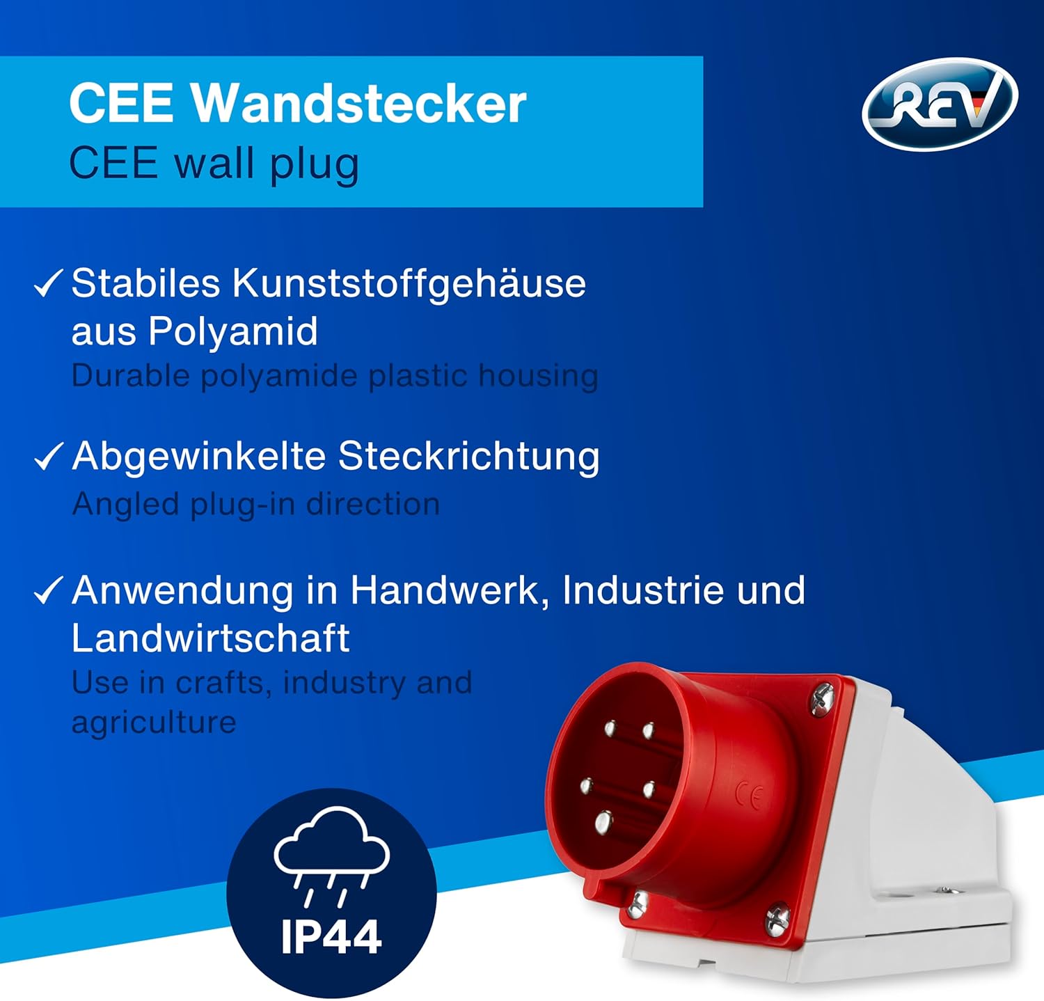 Thumbnail 1 de REV CEE Stecker Wandmontage 400V 16A, 5-polig, IP44 – robuster Drehstrom-Stecker