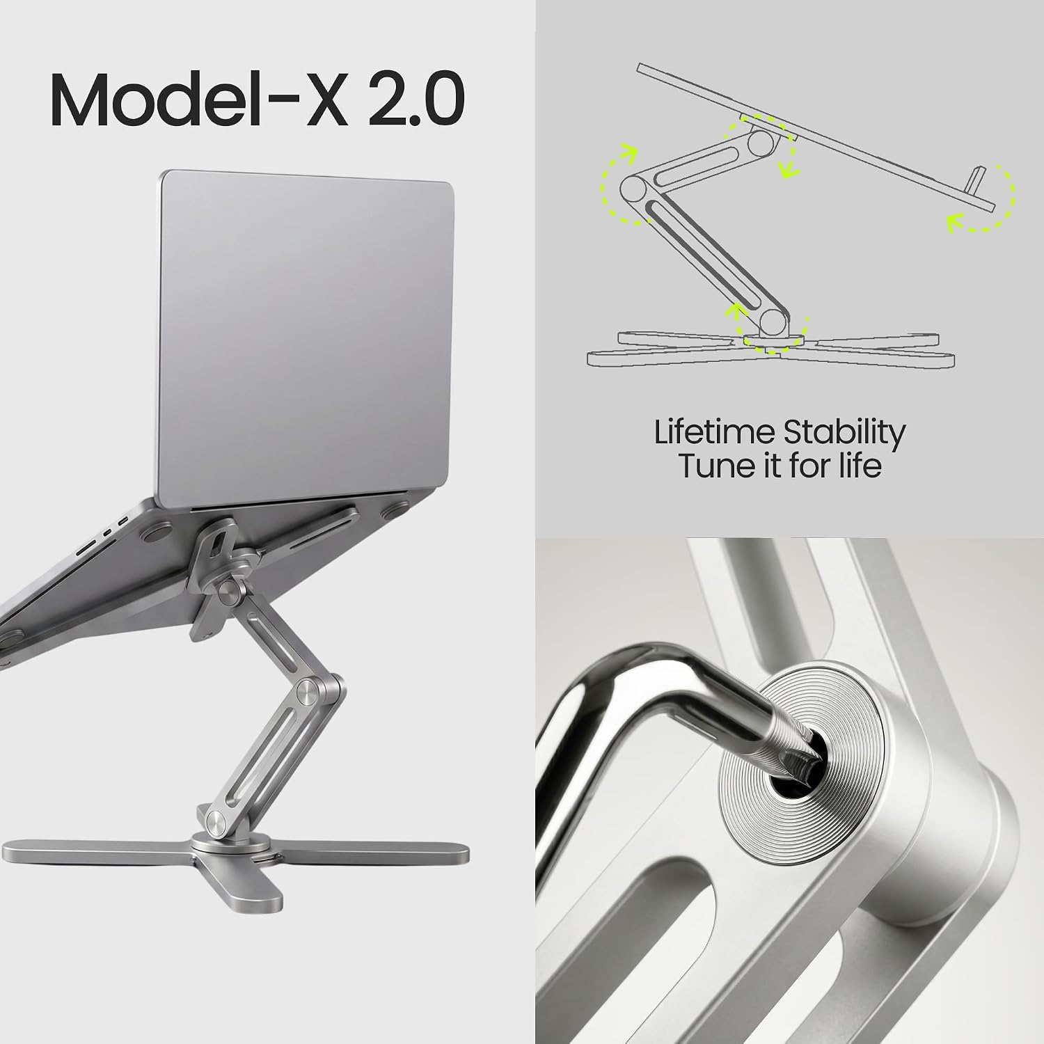 Detalle de STXND Model-X 2.0 Adjustable Laptop Stand, 360° Swivel, Foldable Aluminum