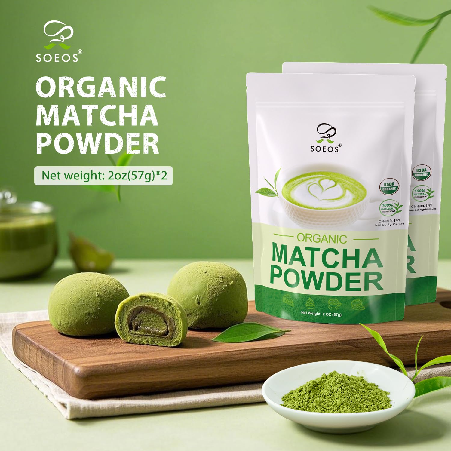 Detalle de Soeos Organic Matcha Powder, 2-Pack, 4 oz for Lattes, Smoothies & Baking