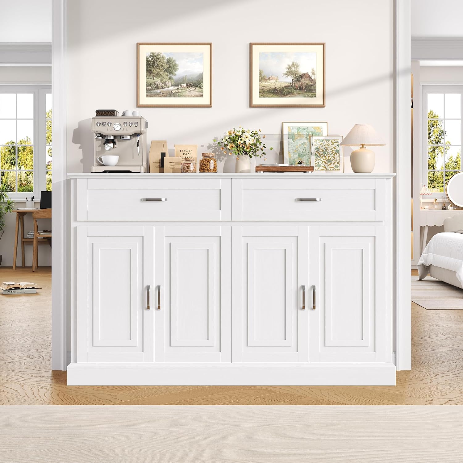 Detalle 2 de FirFurd P032 140cm White Sideboard with Adjustable Shelves and Two Drawers