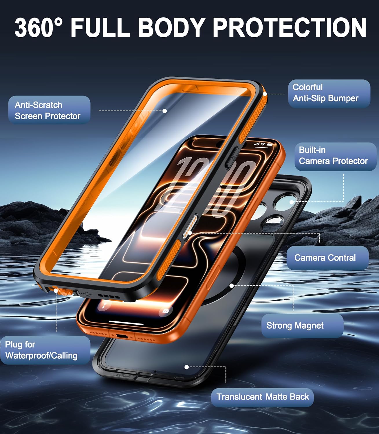 Detalle de Oterkin V-iPhone 17 Pro Max-Orange Waterproof Case, IP68, MagSafe