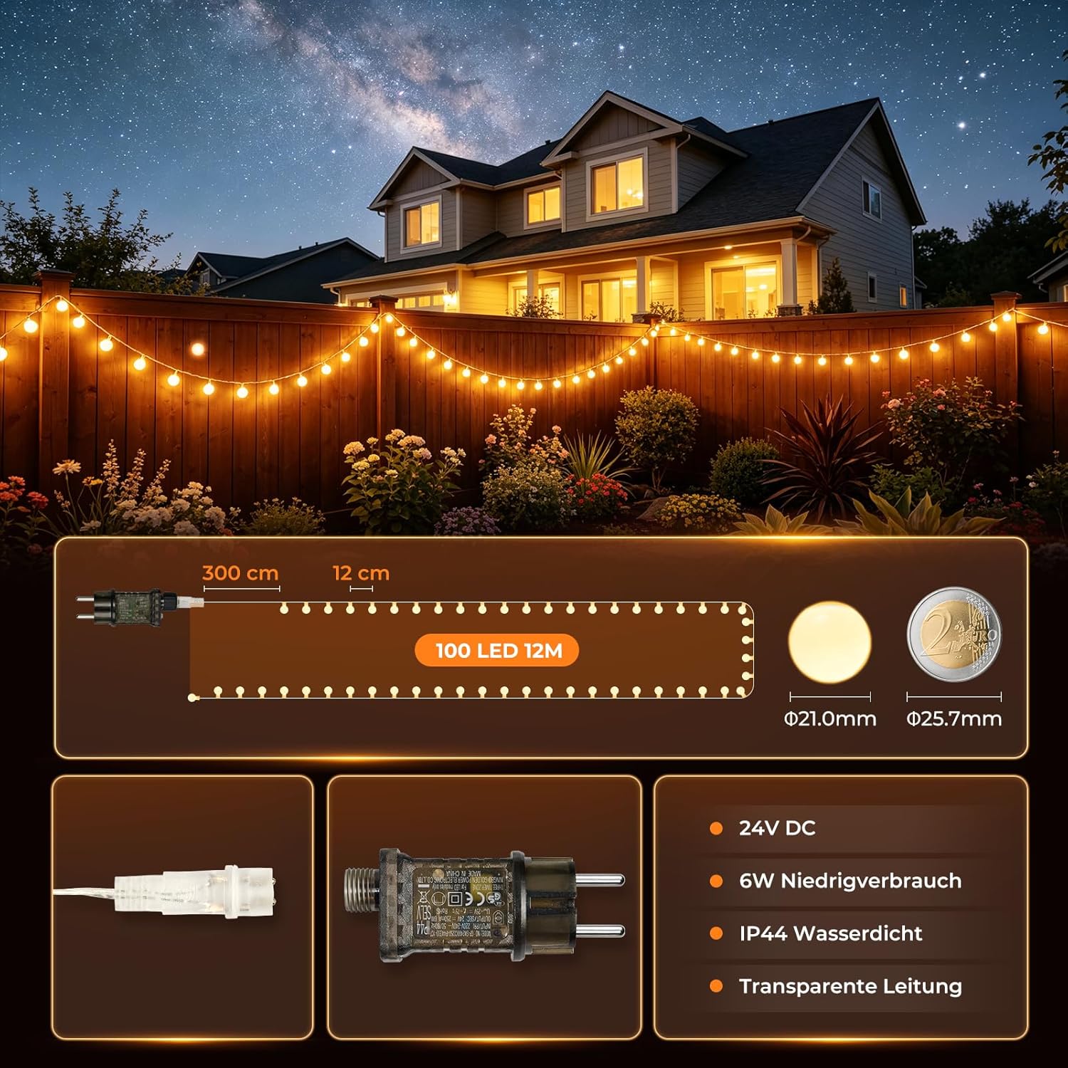 Detalle de kozamas LED Kugel-Lichterkette 15 m (100 LED) warmweiß, IP44 – 8 Modi für Außen & Innen