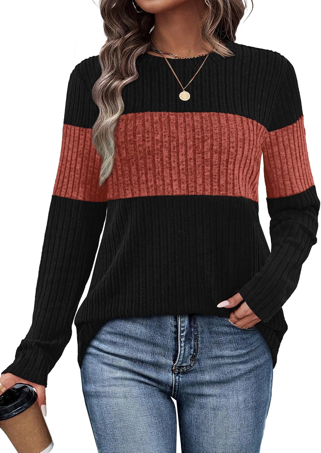 Detalle de WIHOLL Women's Color-Block Lightweight Sweater, Long-Sleeve Top