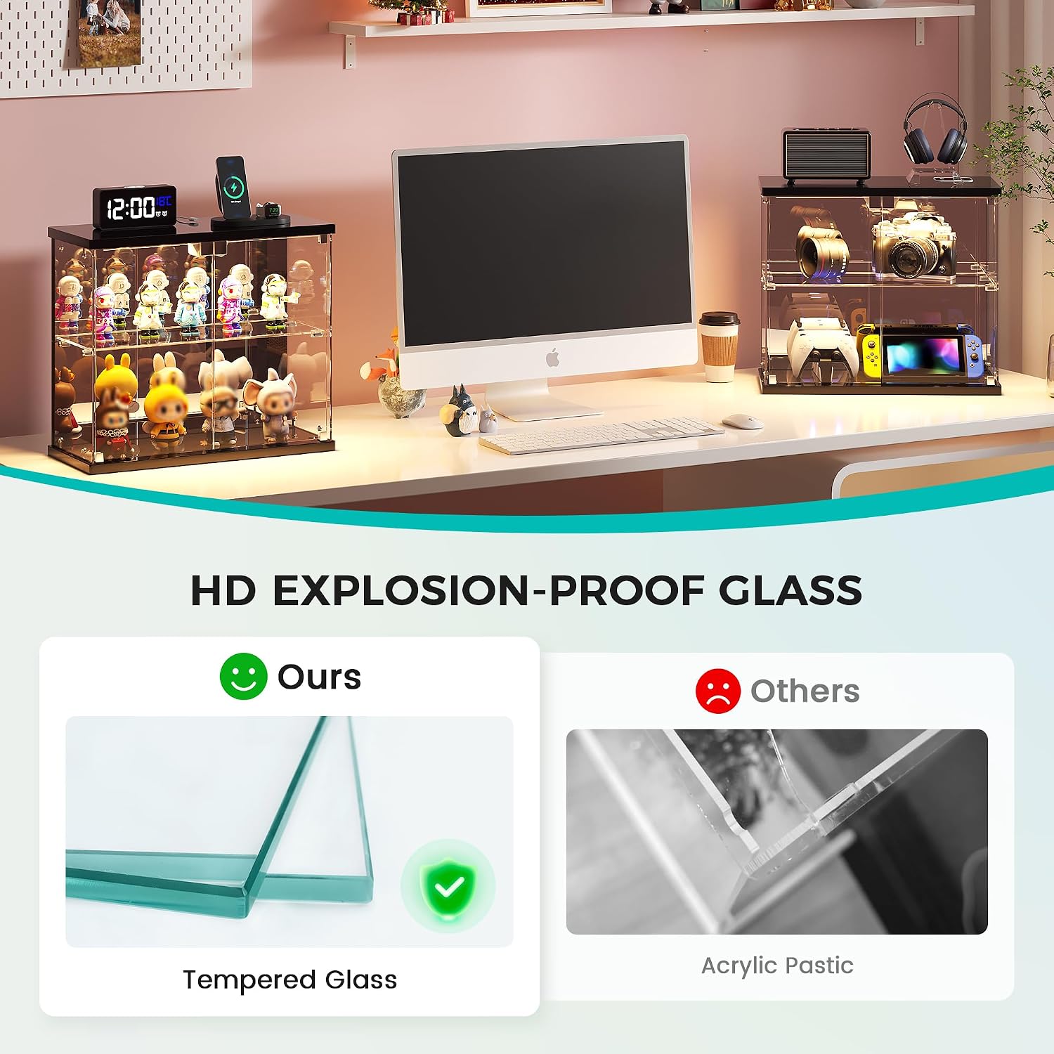 Detalle de Dystler Glass Display Case with LED Lights, Motion Sensor, and USB-C Charger (Small 2-Tier)