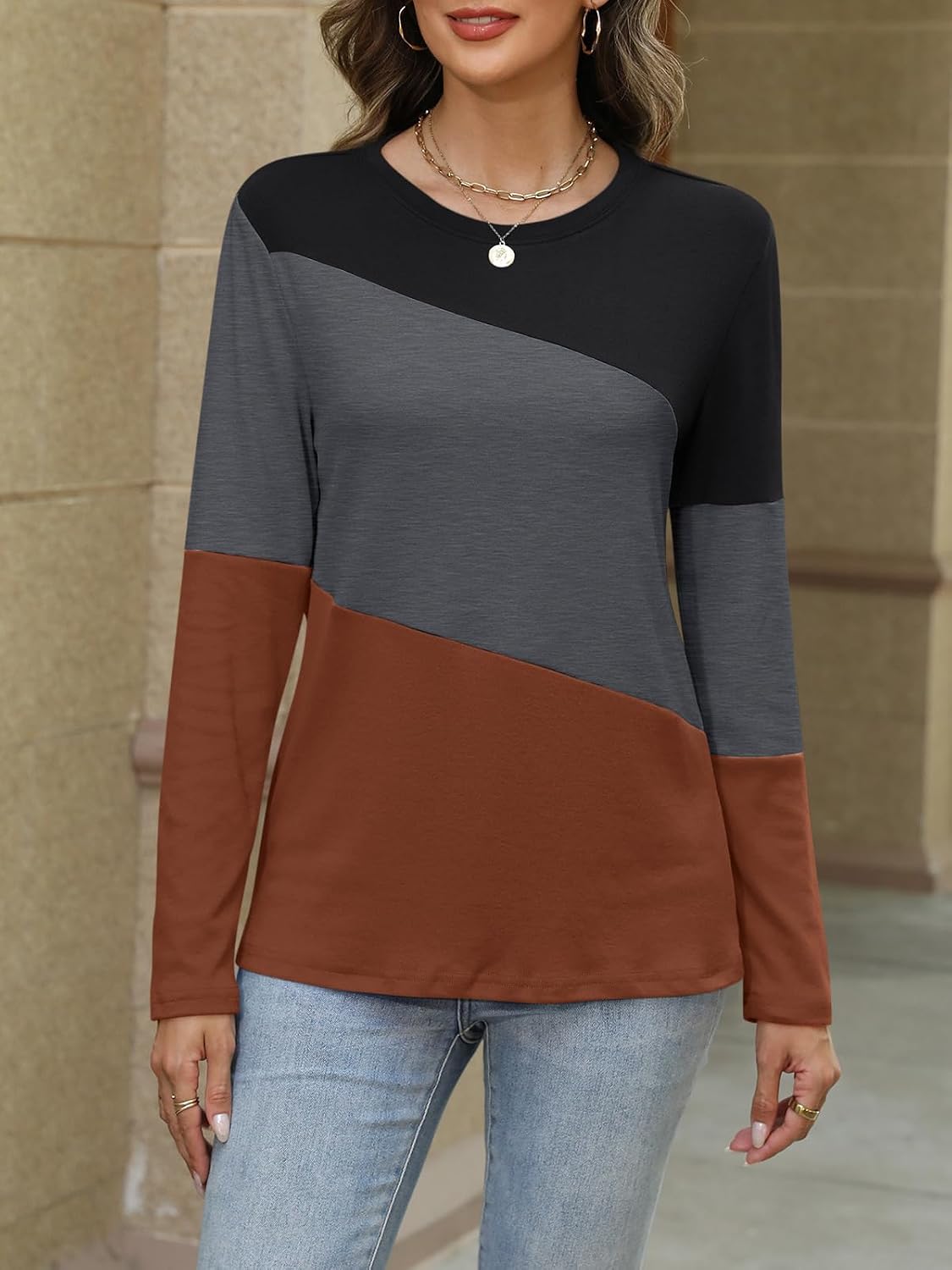 Detalle de ORANDESIGNE Women's Color-Block Tunic Top, Crew Neck