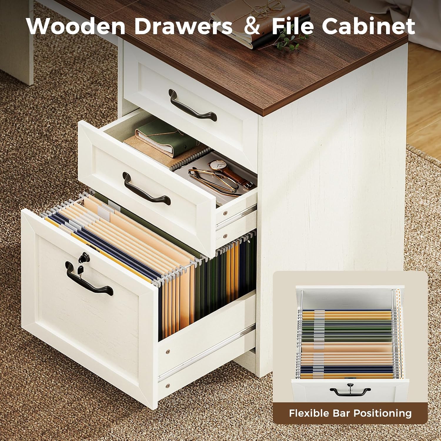 Detalle de OffiGo Farmhouse 68-Inch L-Shaped Executive Desk with Drawers, Monitor Stand and Outlets