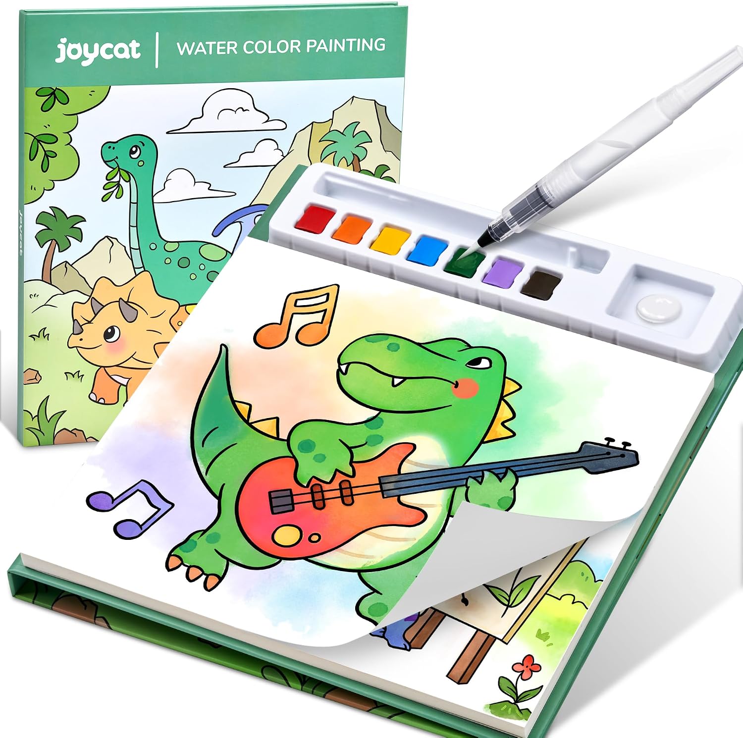 Detalle de JoyCat Malbuch mit Wasserfarben für Kleinkinder (Grün) – 3-in-1-Aquarellset für Kreativität und Fingerfertigkeit