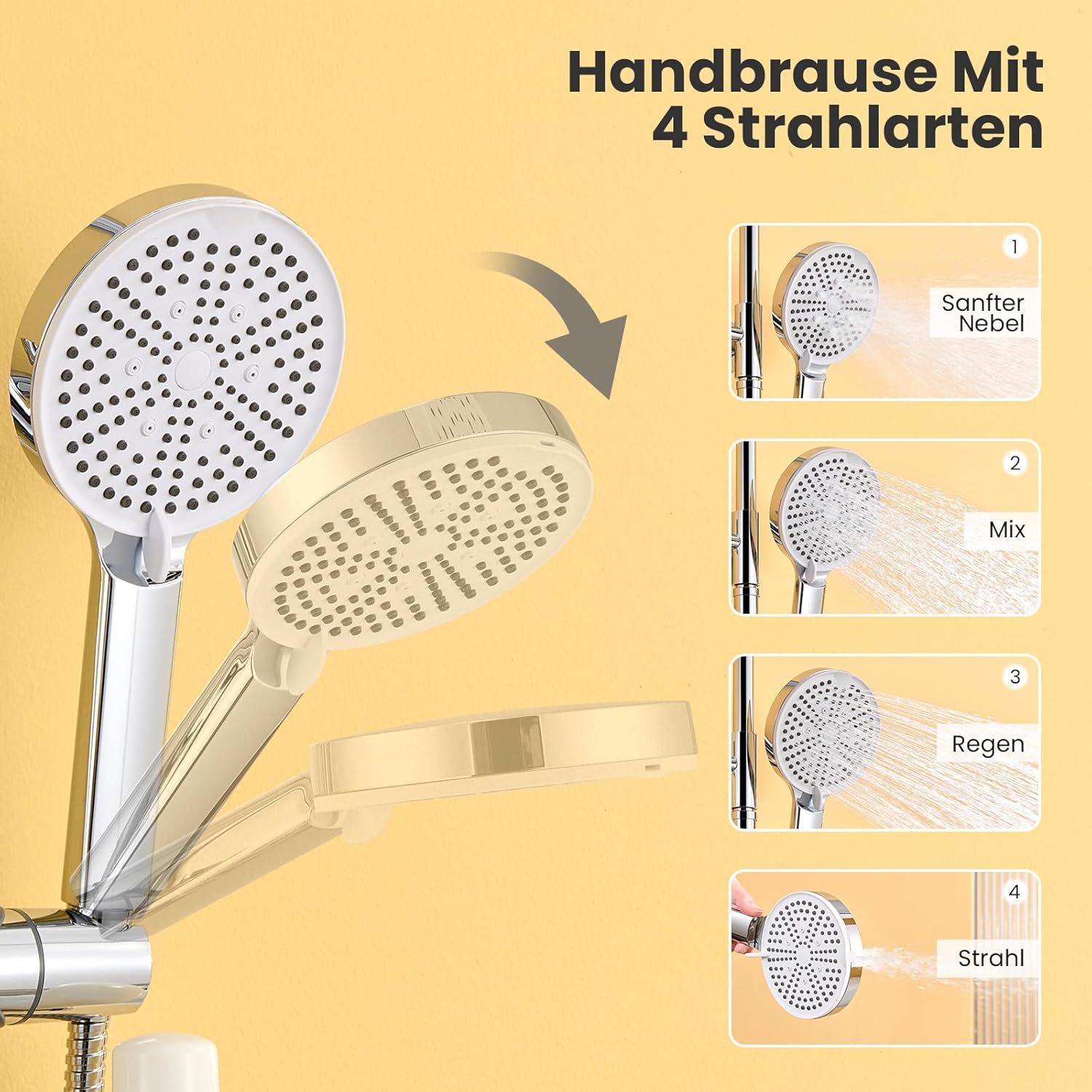 Thumbnail 4 de AuraLum Auralum Regendusche ohne Armatur – Edelstahl-Duschsystem mit Ø250-mm-Überkopfbrause, Messing-Wasserteiler und Bohrfrei-Regal (Chrom)