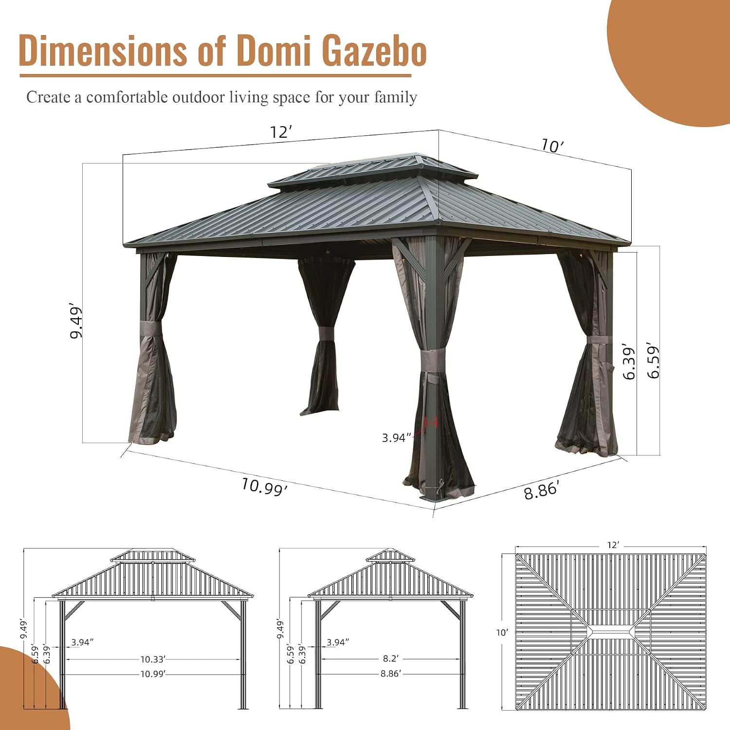 Detalle de Domi 10x12 Outdoor Hardtop Gazebo, Galvanized Steel Double Roof, Curtains