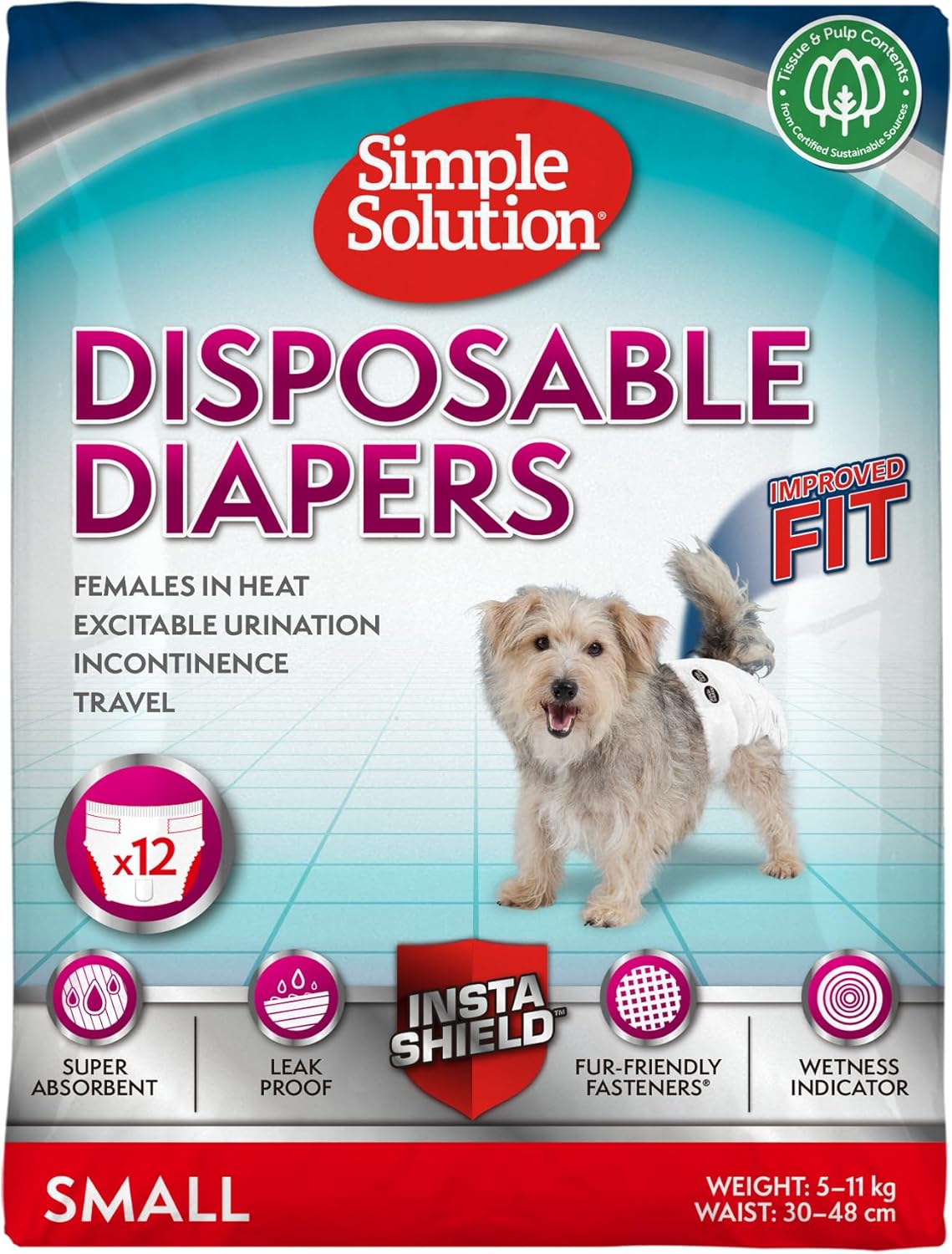 Simple Solution Nuovi ‘True Fit’ Pannolini Monuso per Cani Femmina con Idicatore di Bagnato Piccolo – 12 pezzi