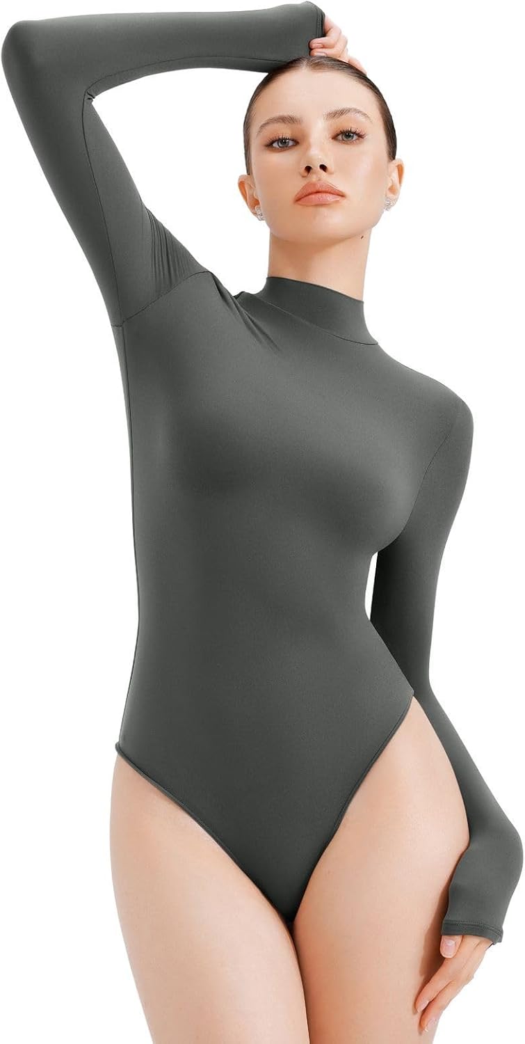 Detalle de REORIA Women's Turtleneck Bodysuit, Long Sleeve, Double-Lined Stretch Fabric
