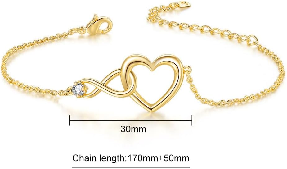 Detalle de Vissen Infinity Armband Damen Herz Ketten – Verstellbares Edelstahlarmband mit Zirkonia, Rosegold/Silber/Gold