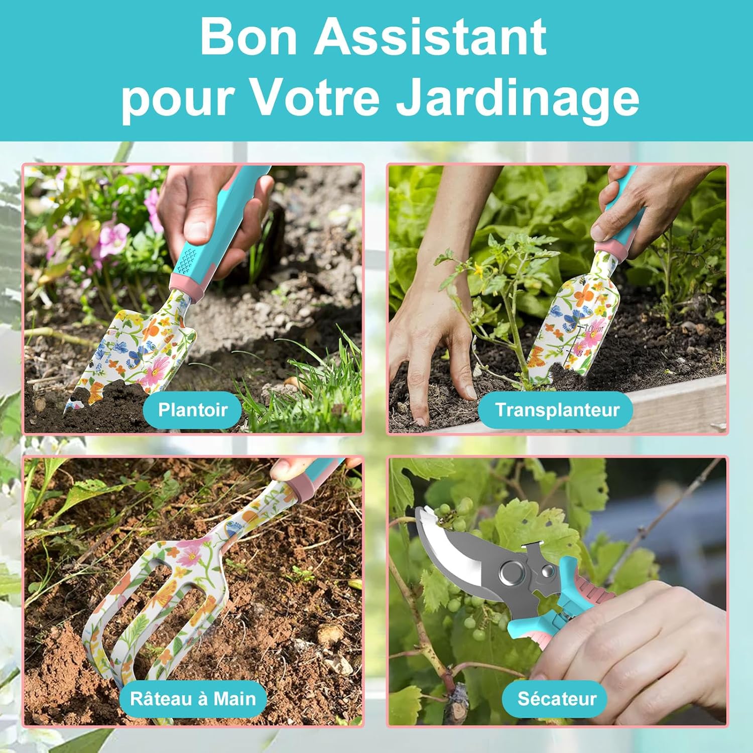 Thumbnail 4 de Kit de 6 outils de jardinage en aluminium : pelle, râteau, sécateur et sac de rangement