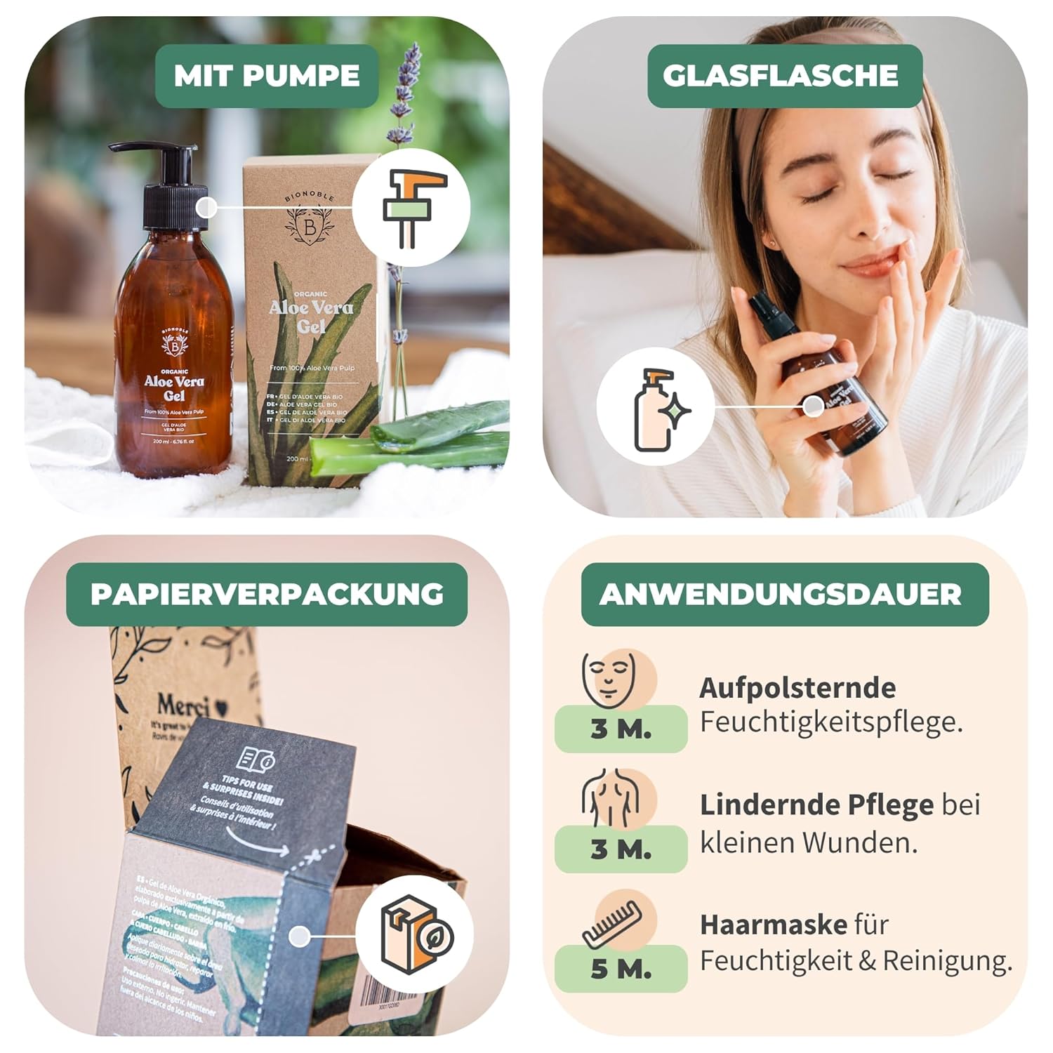 Detalle de BIONOBLE Bio Aloe Vera Gel 100% Blattgel mit Lavendelöl – vielseitige Feuchtigkeit in 200 ml
