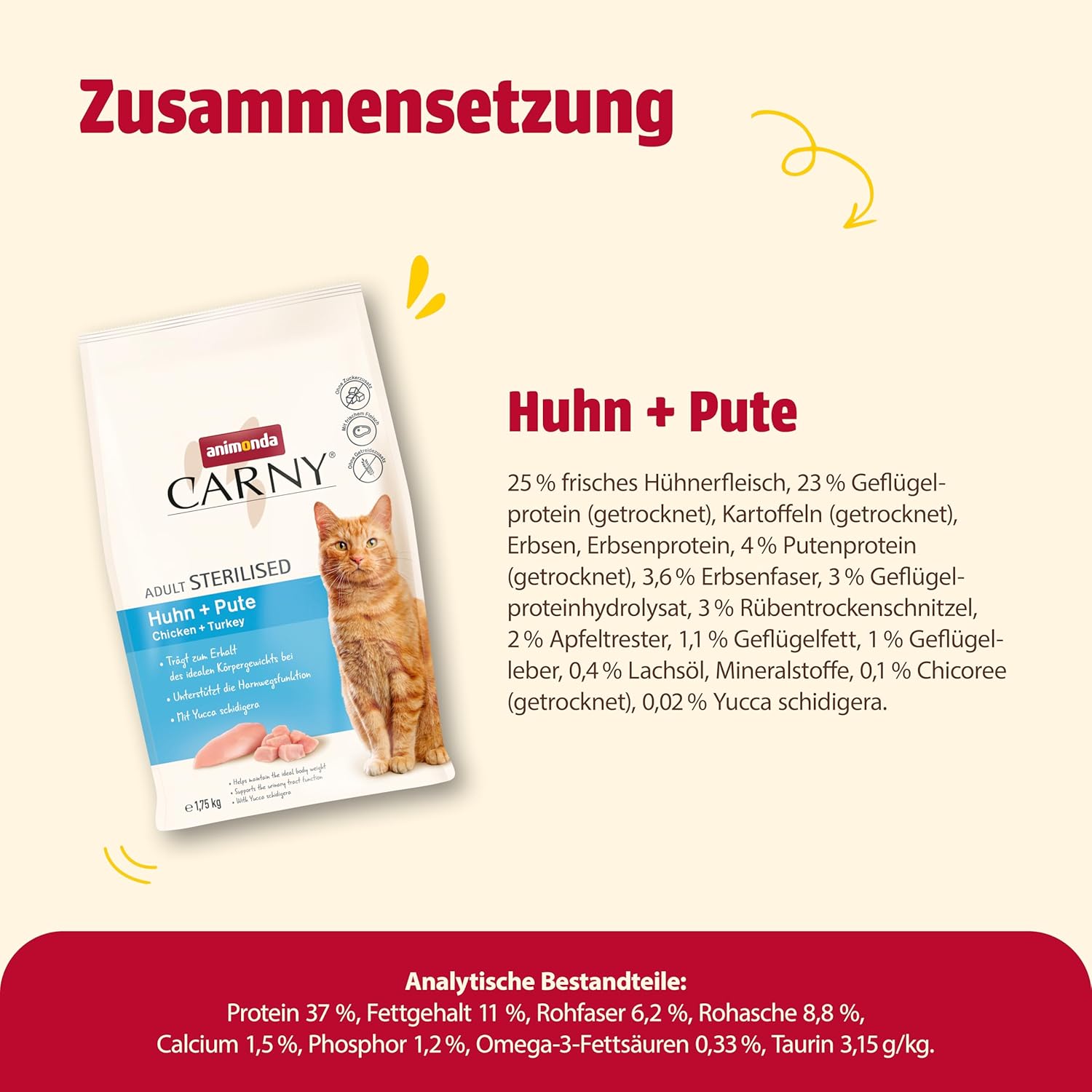Detalle de animonda Carny Katzen Trockenfutter Huhn + Pute – 10 kg für sterilisierte Katzen, grain-free & ohne Zucker