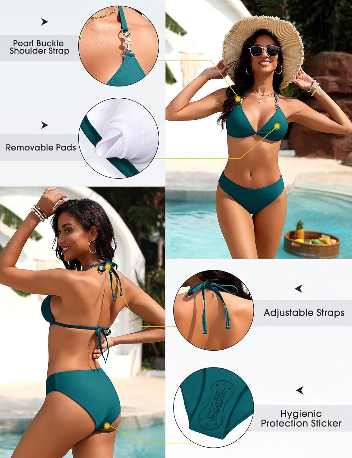 Detalle de UMIPUBO Costume da Bagno Donna Due Pezzi con Perline Brasiliano — Bikini Triangolo con Regolazione e Coulisse