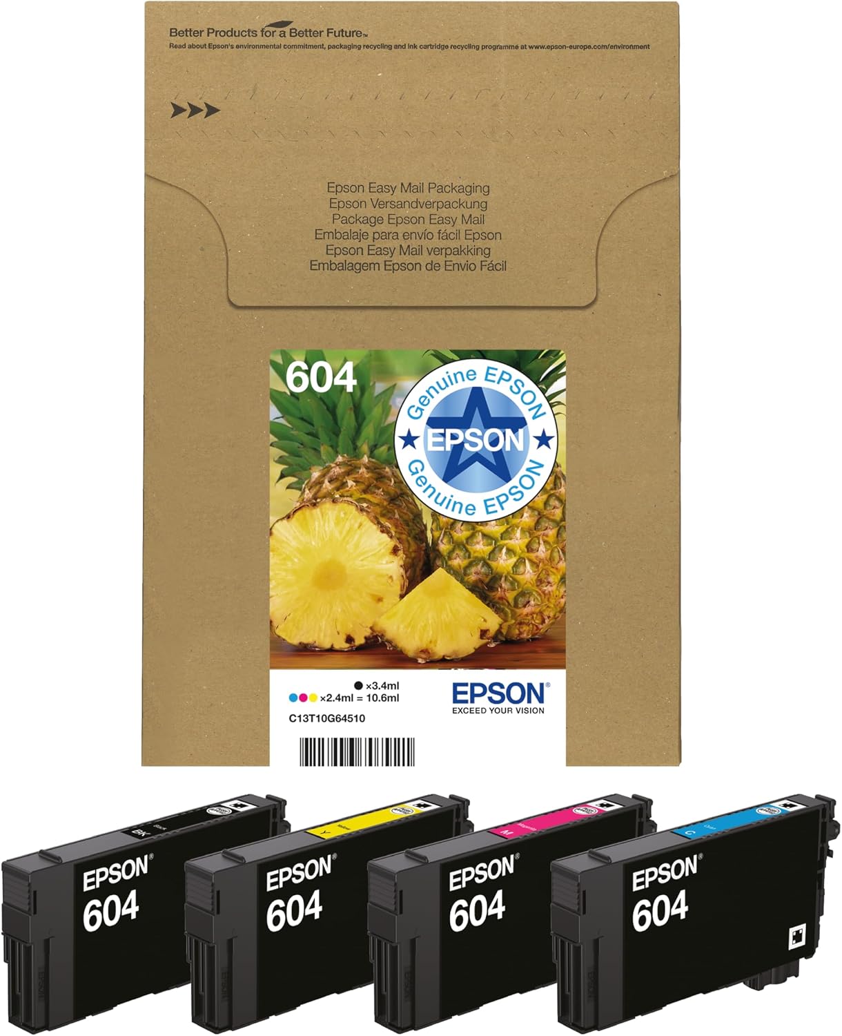 Detalle de Epson 604 Pineapple Genuine Multipack: 4-Colour Ink Cartridges with Eco-Friendly Packaging
